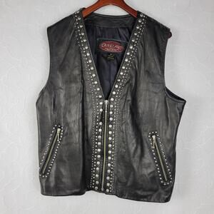 Overland Sheepskin Womens Motorcycle Vest 44 Black Leather Studded Silver Beads